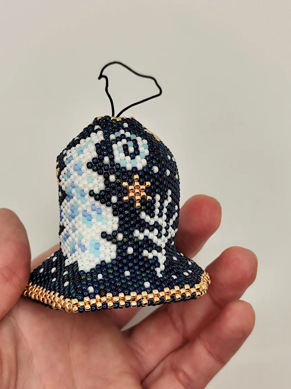 Handmade Blue Beaded Bell Ornament with Angel Design